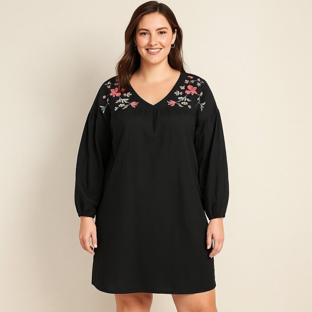 Old Navy Cotton Blend Tunic Dress Black Embroidered V-Neck Lined Size Medium